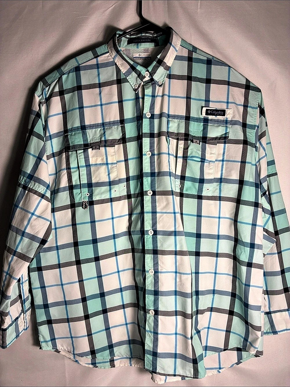 Columbia PFG Super Bahama Men's Long Sleeve Plaid Fishing Shirt Mint Blue XL